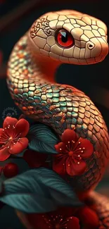 Vibrant snake wrapped among red flowers.