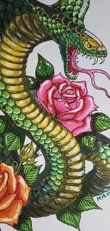 Green snake and colorful roses wallpaper design.