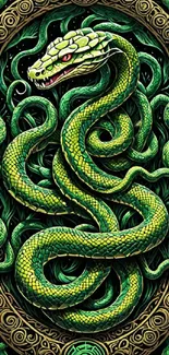 Green snake with intricate scales and patterns on black background.