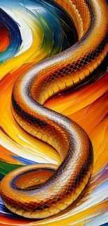 Vibrant orange snake with abstract colorful background on mobile wallpaper.