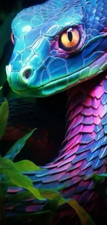 Vibrant digital art of a snake with colorful scales in a jungle setting.