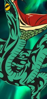 Vibrant teal snake artwork on mobile wallpaper.