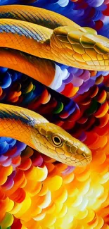 Bright yellow snake artwork with dynamic background colors.