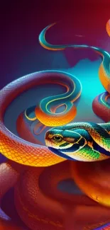 Vibrant snake art with dynamic colors in a digital mobile wallpaper.