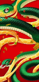 Green snakes on a vibrant red background, creating a dynamic art wallpaper.