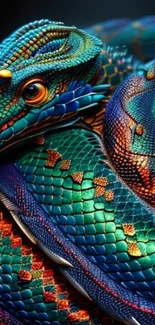 Colorful teal and orange snake art wallpaper with intricate patterns.