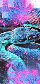 Bright cyan and pink snake-themed wallpaper.