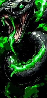 Vivid black and green snake art illustration on wallpaper.