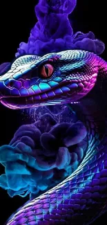 Colorful snake with neon hues and smoke on a black background.