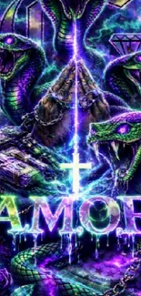 Mystical neon snake artwork with vibrant colors.