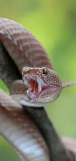 Detailed snake on branch with mouth open, vibrant nature wallpaper.