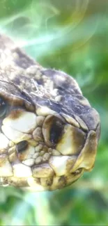 Close-up of a snake's head with vibrant green background.