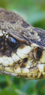 Close-up of a snake's face showing detailed scales and a vibrant brown color.