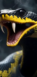 Close-up of a vibrant black and yellow snake with open mouth.