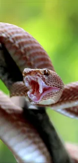 Close-up of vibrant snake with open mouth in a lush green setting.