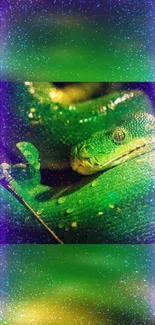 Green snake with cosmic background, vibrant design for mobile wallpaper.