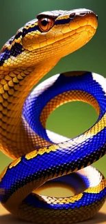 A vibrant snake with blue and orange scales coiled against a gradient backdrop.