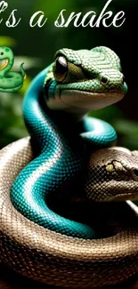 Vibrant snake wallpaper with entwined serpents in green and tan scales.