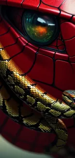 Vivid close-up of a snake on a red textured background.