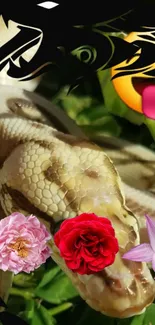 Mobile wallpaper of a snake with vibrant flowers.