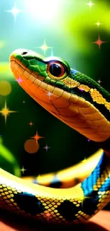 Colorful snake coiled in lush green jungle setting.