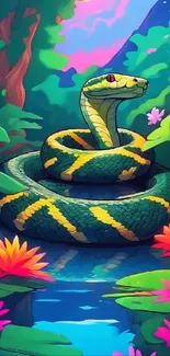 Vibrant snake coiled in a colorful jungle setting, surrounded by lush greenery and flowers.