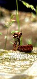 Vibrant snake on a stone in natural greenery.