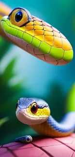 Vibrant and colorful snakes set in a lush natural background.