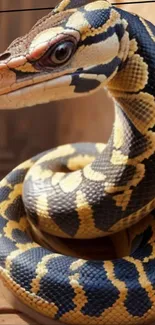 Realistic coiled snake with golden scales on a wooden surface.