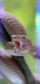 Close-up of a snake coiled with vibrant glowing effects.