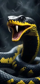 Vibrant snake with open mouth against misty background.