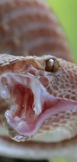 A vibrant snake coiled on a branch against a green blurred background.