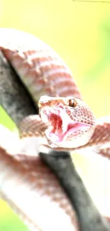 Vibrant snake coiled on a branch with a green background.