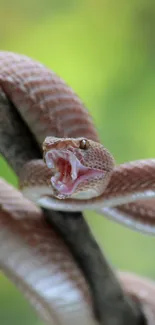 Vibrant snake on a branch with a green blurred background.