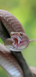 Close-up of a vibrant snake coiled on a branch against a blurred green background.