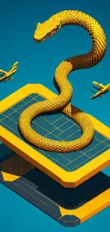 Yellow snake on smartphone with geometric design and model airplanes.