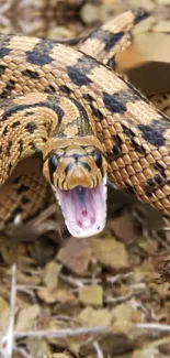 A striking snake in vivid detail against a natural setting. Brown tones dominate.