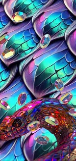 Vibrant snake scales with gemstones on phone wallpaper.