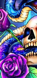 Vibrant artwork with skull, snake, and roses in purple hues.