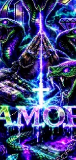 Neon purple and green snake-themed wallpaper with urban elements.