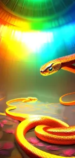 Vibrant orange snake with rainbow reflection on wallpaper