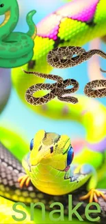 Vibrant and colorful snake-themed mobile wallpaper.