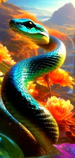 Vibrant snake surrounded by colorful flowers.