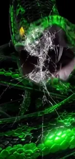 Green snake with yellow eyes and cracked glass design.