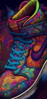 Vibrant sneaker with psychedelic colors on a phone wallpaper.