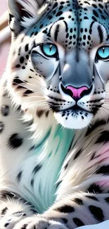 Artistic snow leopard with vibrant blue eyes illustrated as wallpaper.