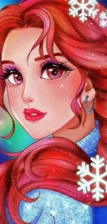 Vibrant red-haired princess with snowflakes art.