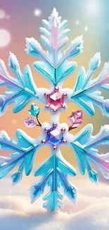 Vibrant snowflake on a pastel colored background with artistic details.