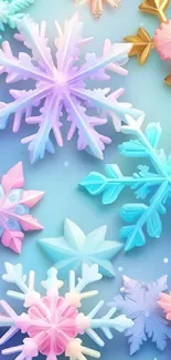 Vibrant pastel snowflakes on a blue gradient background.