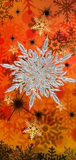 Orange wallpaper with intricate snowflake pattern.